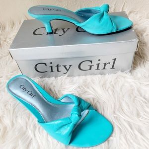 Vintage blue leather heel city street fashion funky retro bright cute style hot